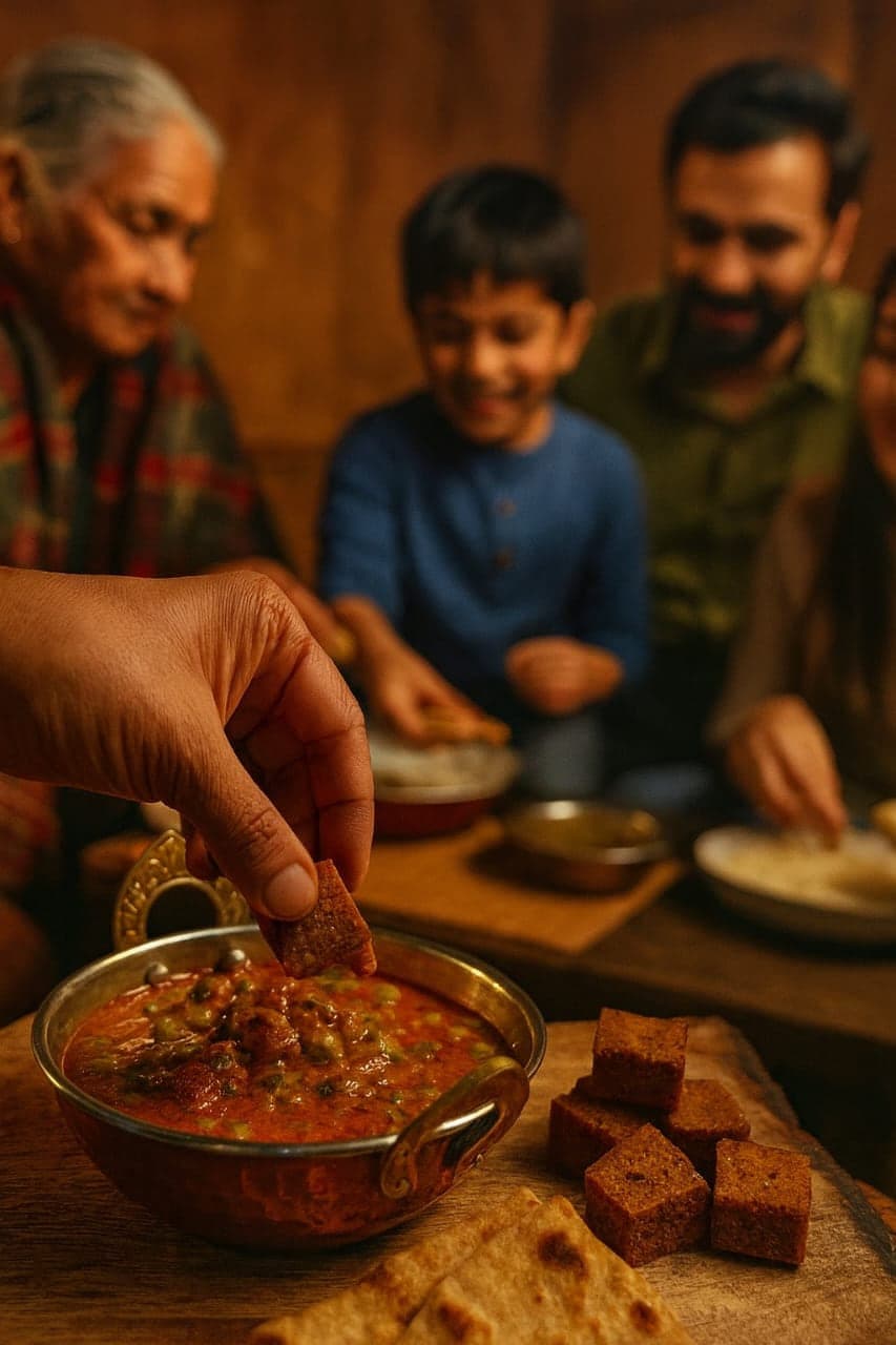 A family sharing a Himachali meal, dipping badi into a bowl of curry