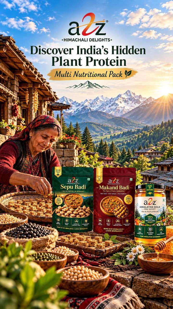 Discover India's Hidden Plant Protein — Multi Nutritional Pack. A Himachali woman shaping badi by hand on a village terrace, with the Sepu Badi and Makand Badi packs and a jar of Himalayan Gold Raw Honey beside bowls of pulses.