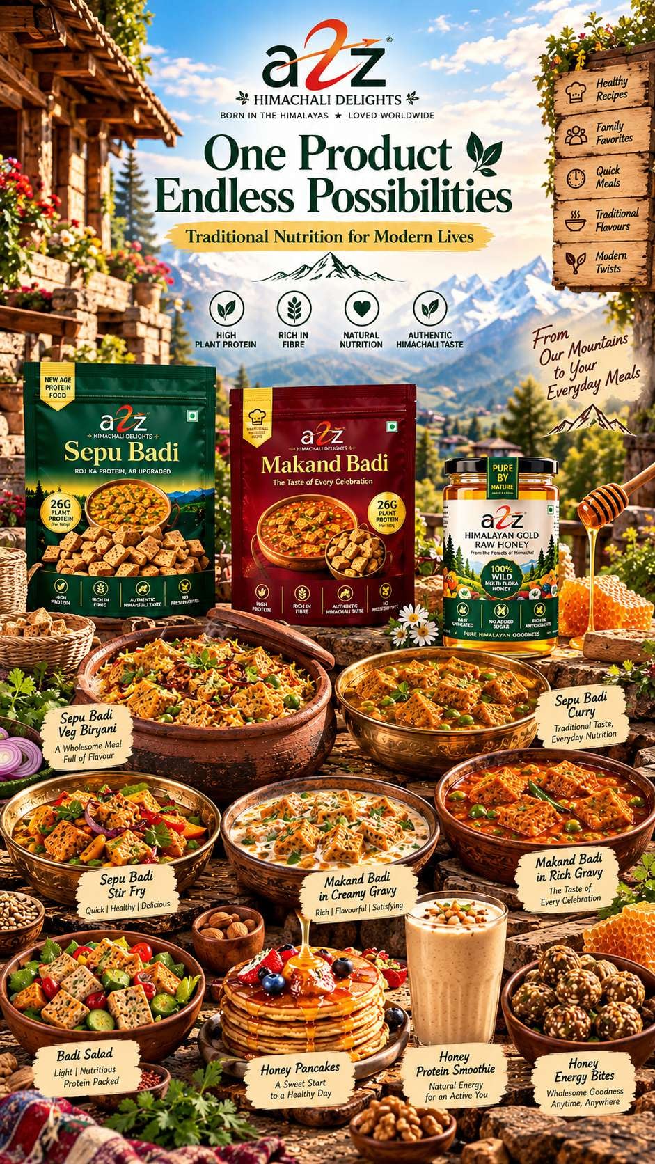 One Product, Endless Possibilities — Sepu Badi, Makand Badi and Himalayan Gold Raw Honey surrounded by dishes made with them: badi biryani, curry, stir fry, creamy and rich gravies, badi salad, honey pancakes, a honey protein smoothie and honey energy bites.