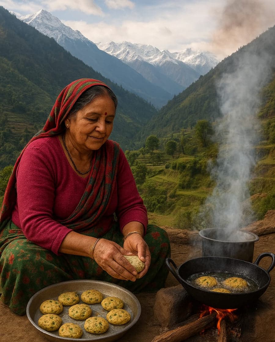 Badi being prepared over a wood fire in the Himachali hills