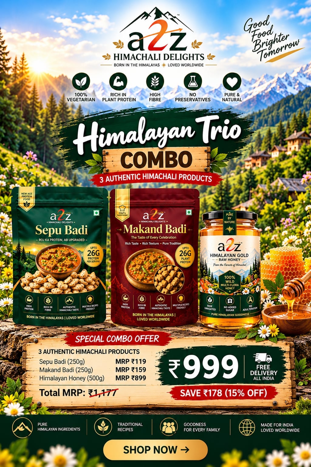 A2Z Himalayan Trio combo offer — Sepu Badi · Makand Badi · Himalayan Gold Honey, ₹999 instead of ₹1,177, free delivery across India.